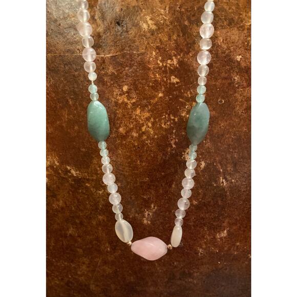 Rose Quartz and Green Chalcedony Necklace Vintage - Picture 4 of 6